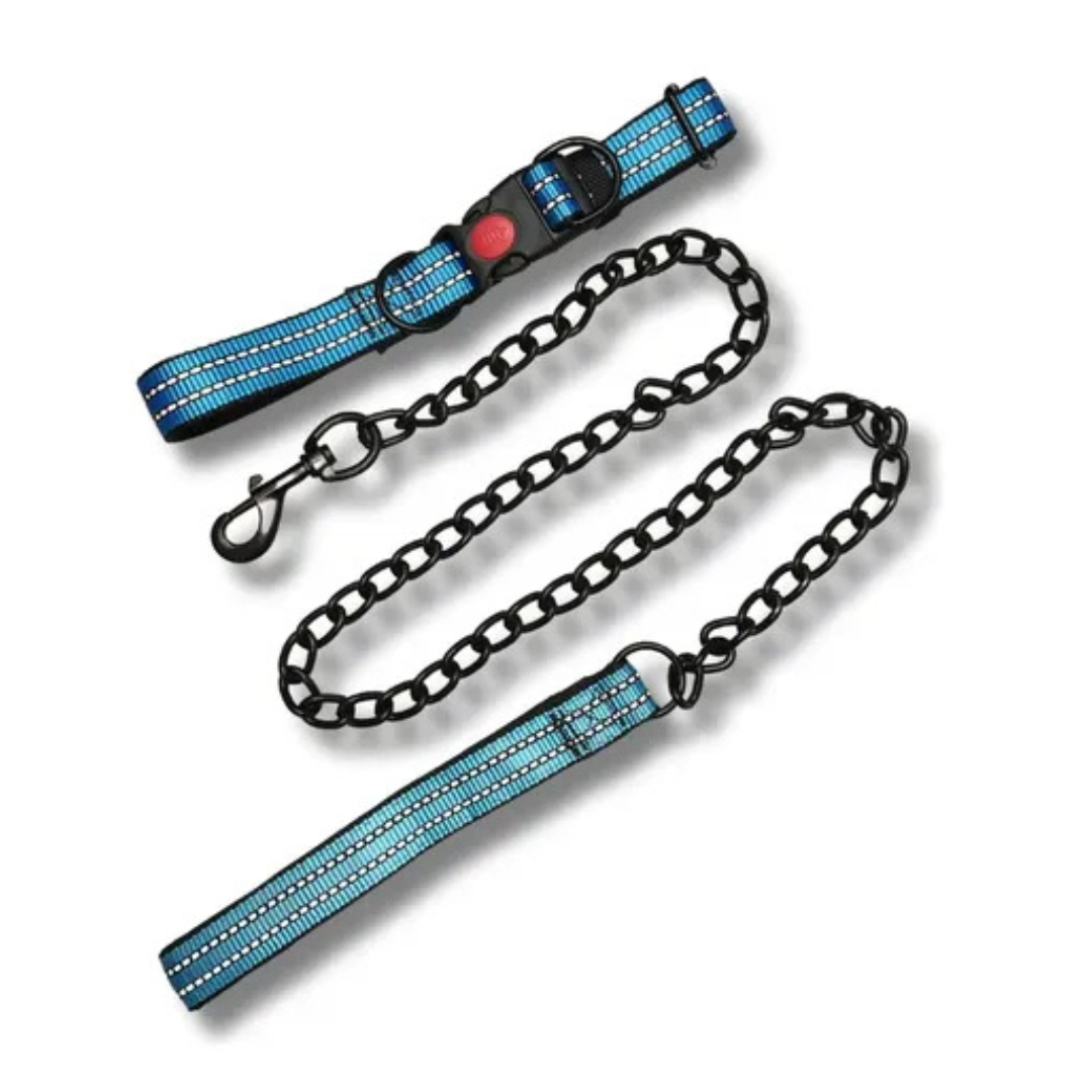 Laisse et collier reflechissants avec chaine en acier pour chien