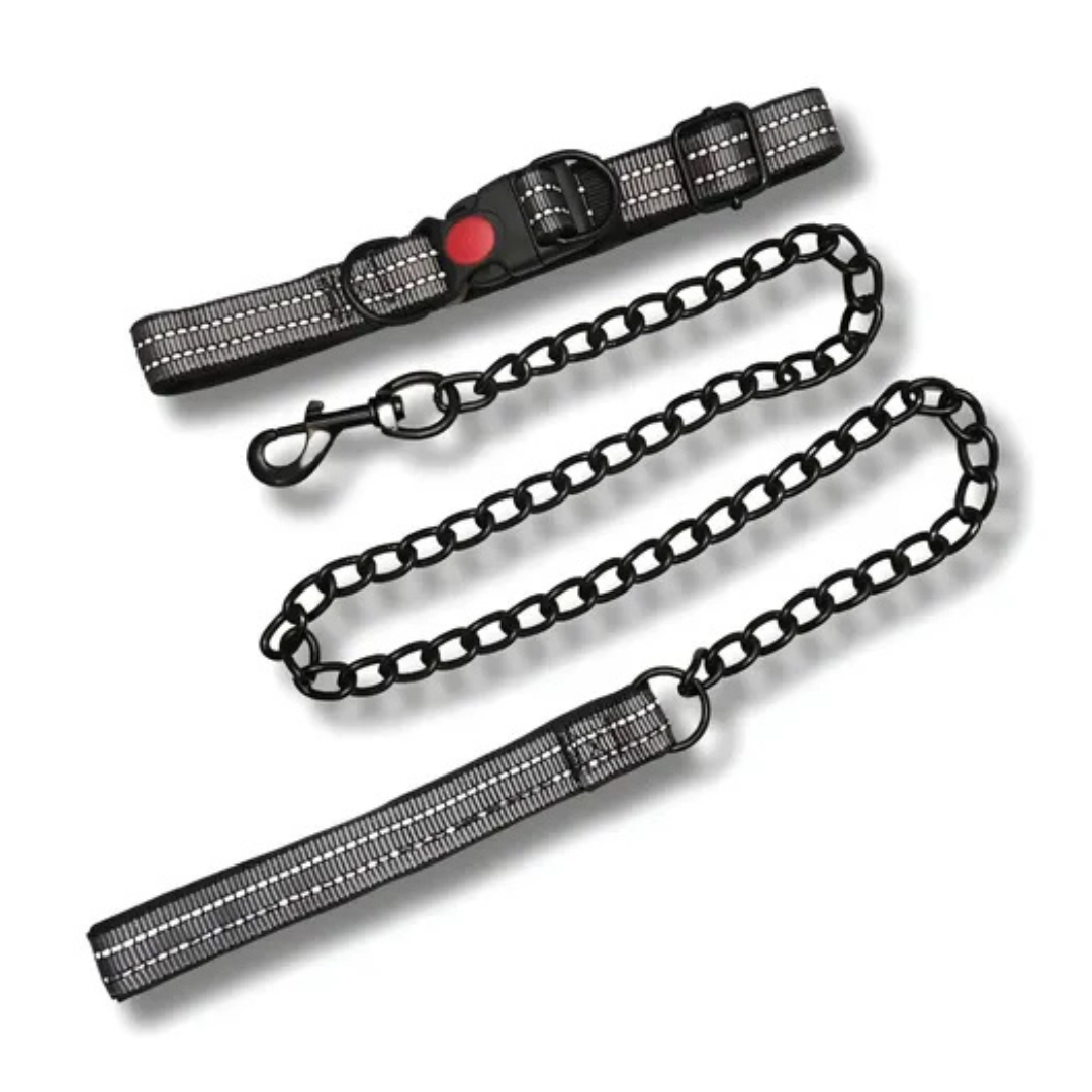 Laisse et collier reflechissants avec chaine en acier pour chien