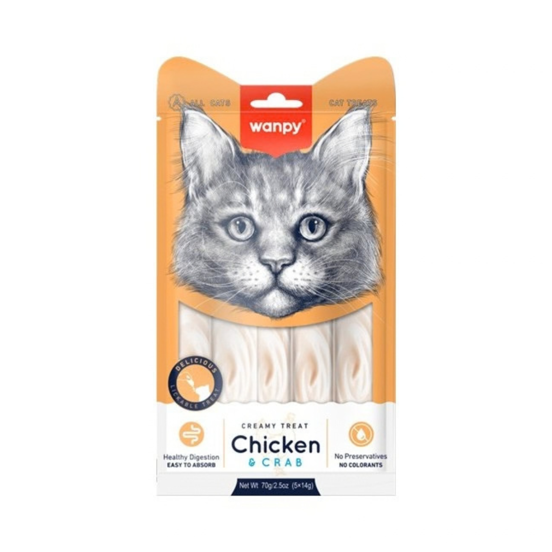 Wanpy crème friandise poulet et crabe pour chat 5x14g