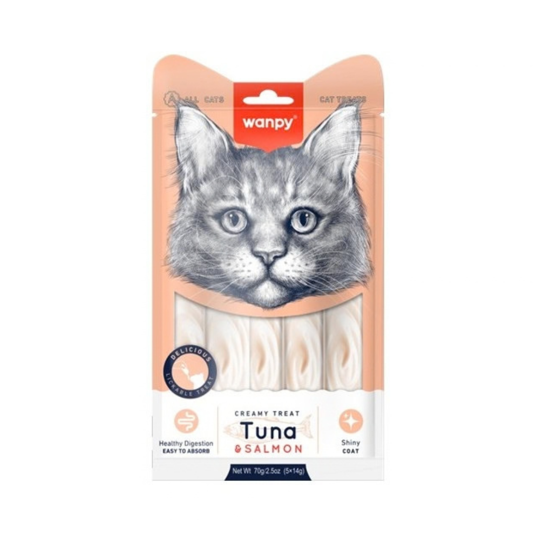 Wanpy crème friandise thon et saumon pour chat 5x14g